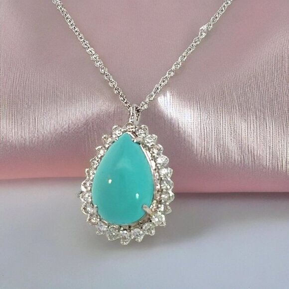 Persian Turquoise Diamond Pendant With Chain 17" 14k WG 9.9 TCW Certified 307918 - Picture 9 of 17